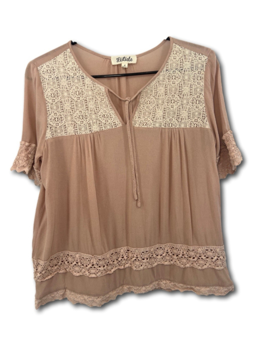 Listicle Blouse Short Sleeve Tie Front Neckline Tan Crochet Women’s Size Small